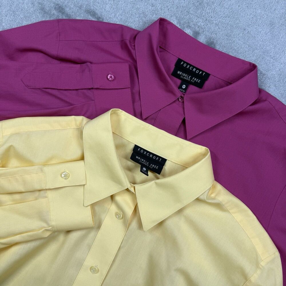 Foxcroft Wrinkle Free Shaped Fit Shirt Women 18P Pink Yellow Solid Long Sleeve